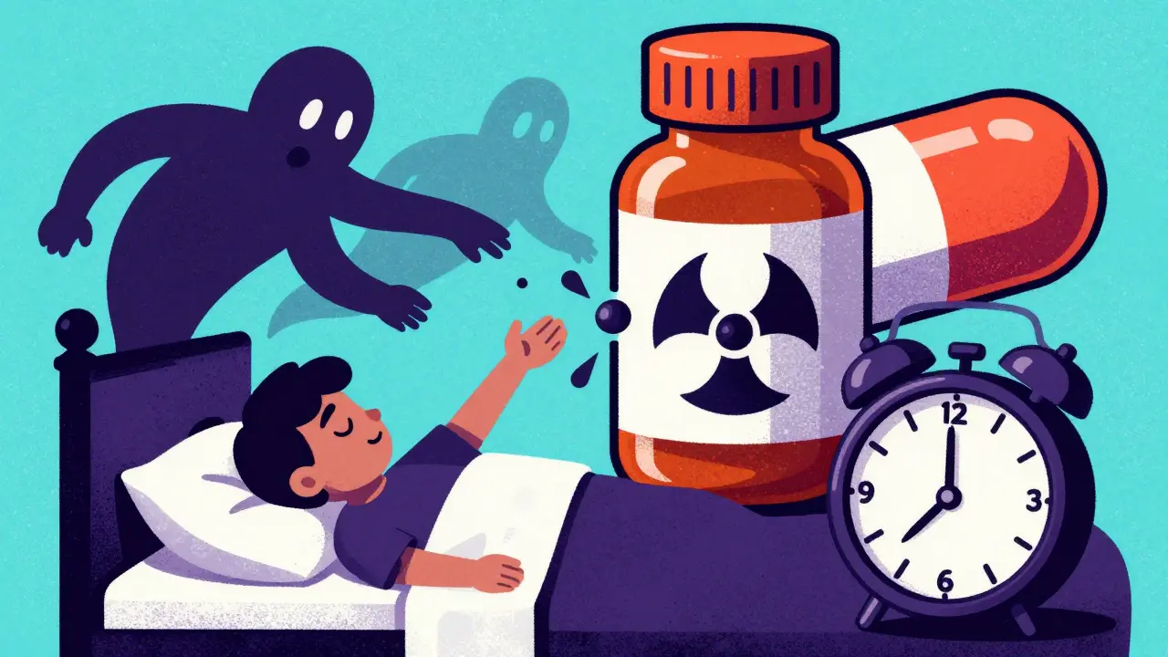 Ominous pill bottle casting shadows of sleepwalking risks over a tired sleeper with a ticking clock.