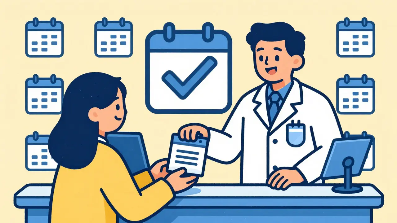 Pharmacist handing a single bag to a happy patient, symbolizing synced refills.