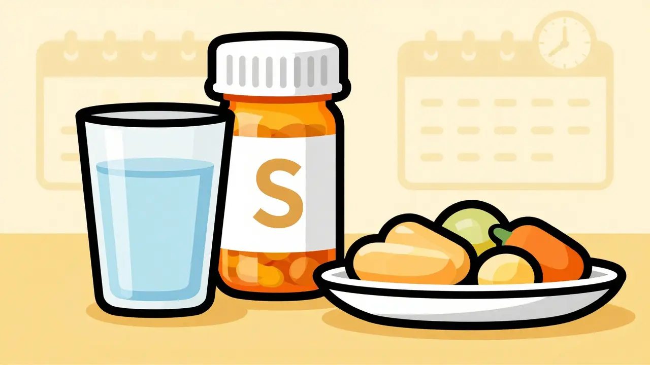 Pill bottle, water, and food illustrating safe medication use