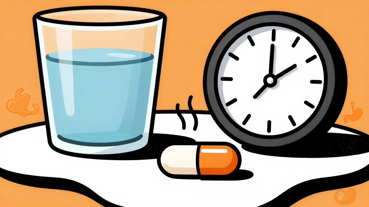 Pill with water and clock illustrating dosage timing