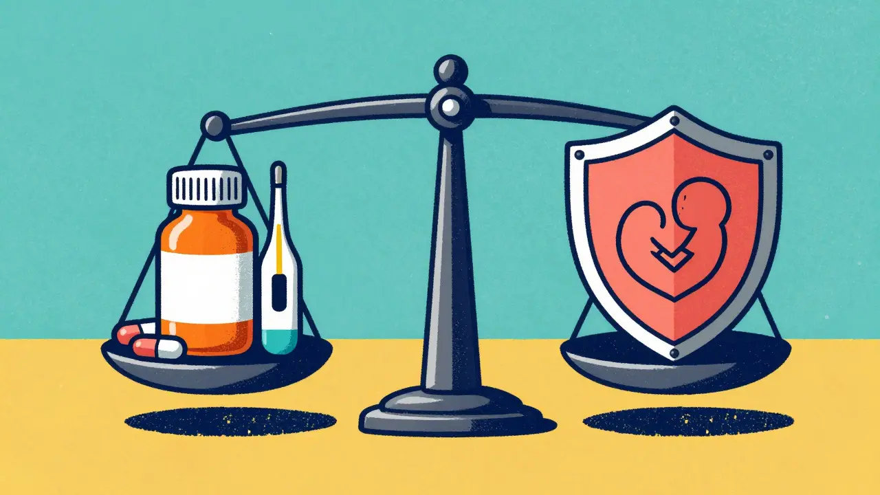 Scale balancing medication risks against maternal health needs
