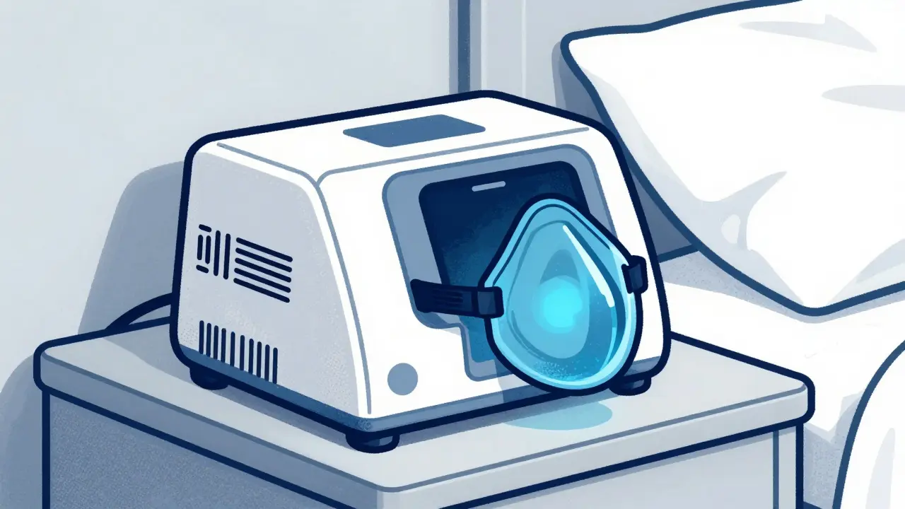 Screenprint art of CPAP machine and mask on nightstand