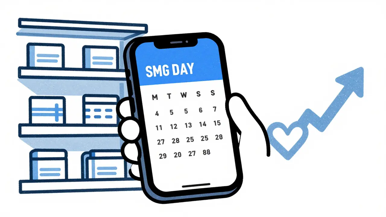 Smartphone reminder and organized meds illustrating successful med sync routine.