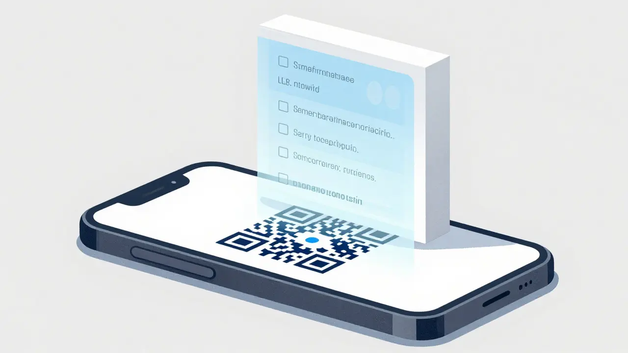 Smartphone scanning a QR code on a medicine box to display a clear ingredient list.