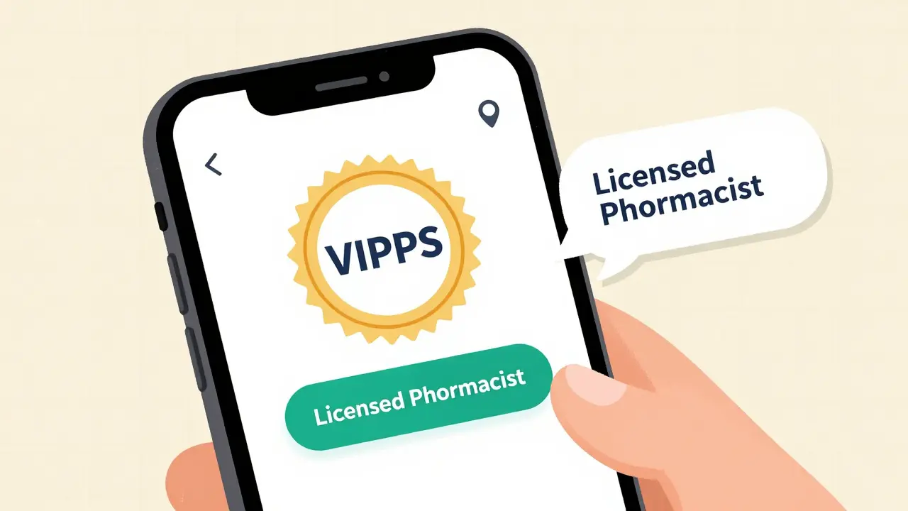 Smartphone showing verified pharmacy icons like VIPPS seal and pharmacist access