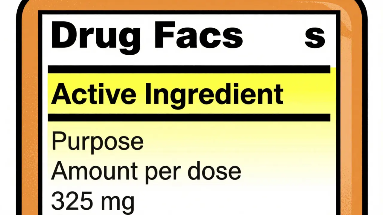 Stylized diagram highlighting the Active Ingredient section of a drug label with arrows.