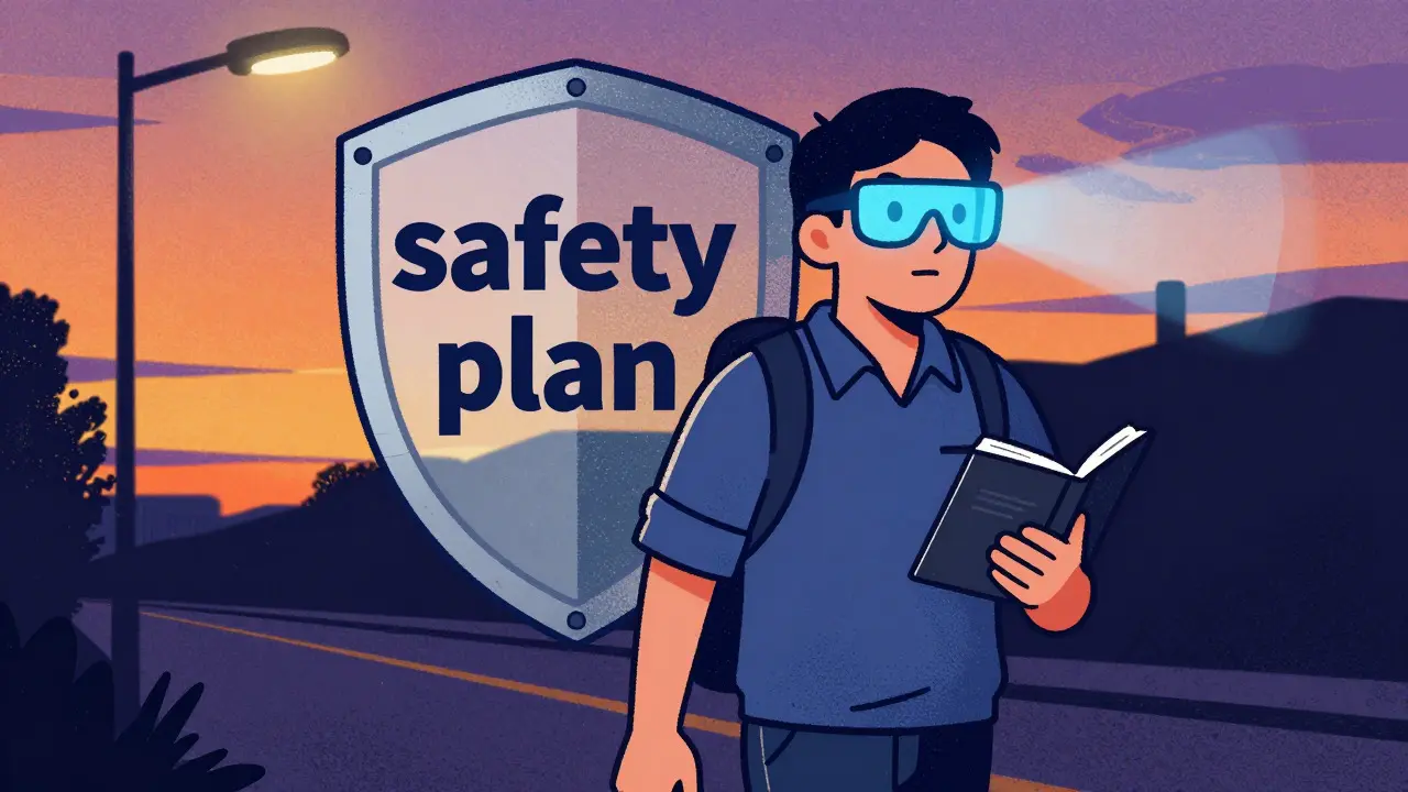 Worker wearing blue-light glasses and holding a journal, protected by a geometric safety shield at dusk.
