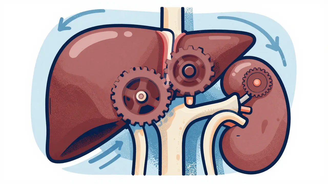 Abstract illustration of aging liver and kidneys with slow-moving mechanical parts