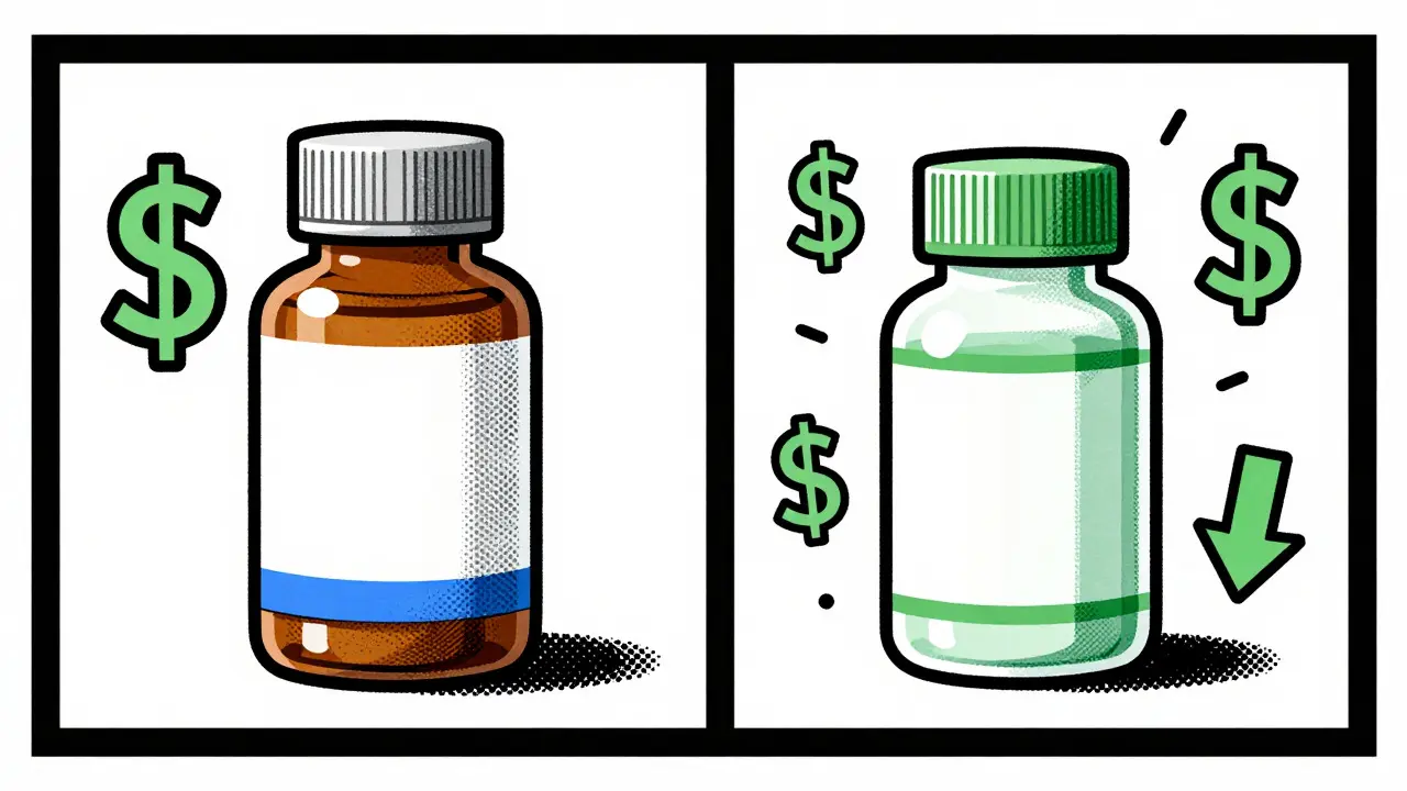 Comparison of expensive brand drug vs cheap generic medication bottles