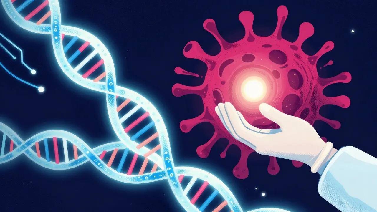 Conceptual art of DNA helix, AI circuits, and surgical light hope