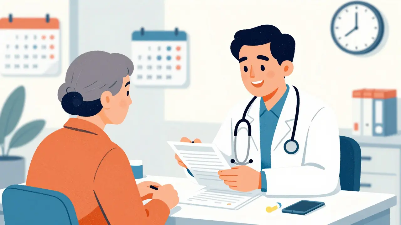 Doctor and senior patient reviewing a medication list together at a desk