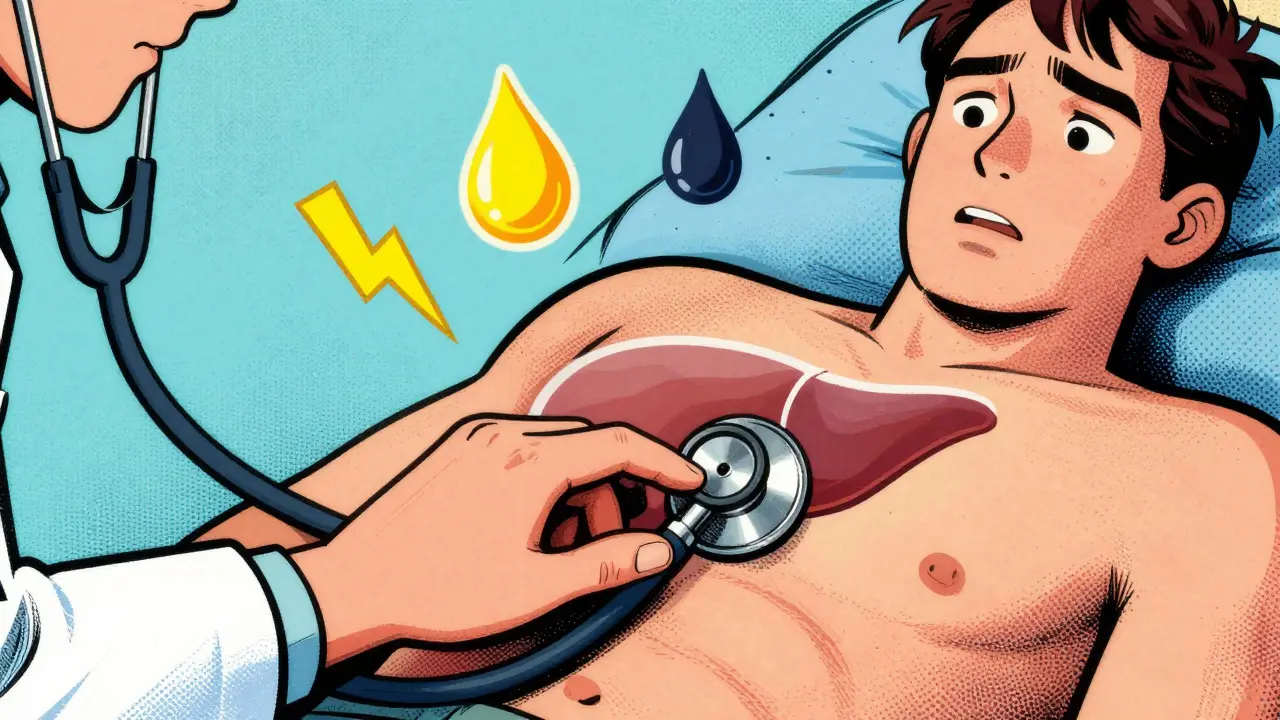 Doctor monitoring liver health with symbolic test icons in cartoon style