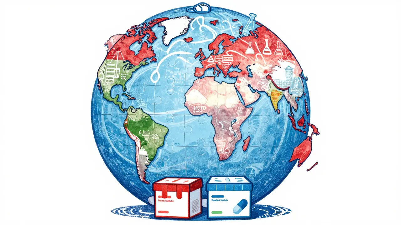 Global map illustration with regulatory symbols and identical pills representing international standards