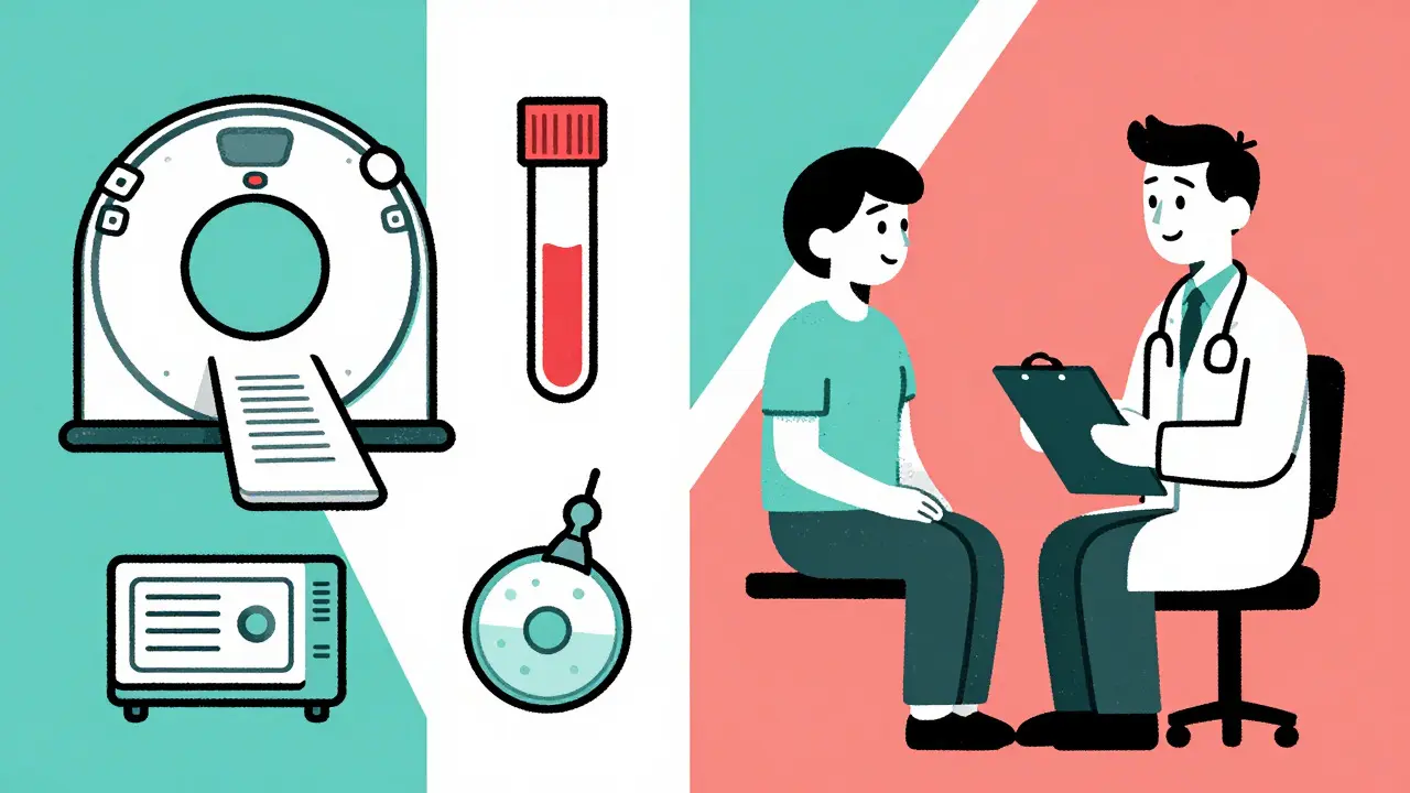 Graphic art of diagnostic tools and doctor consulting with patient