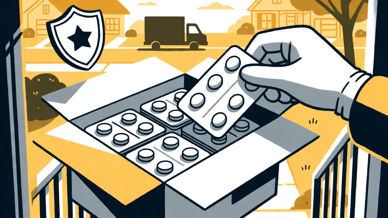 Illustration of an open medicine box on a porch with delivery and safety icons
