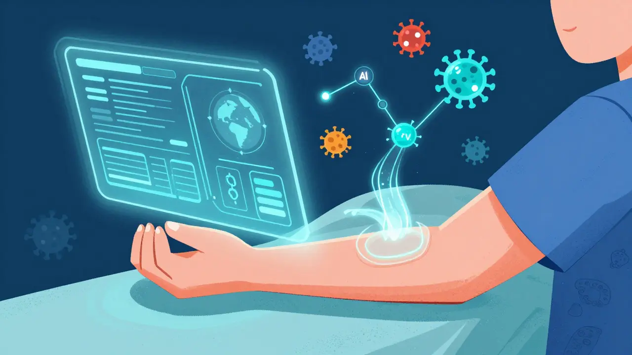 Illustration of futuristic medical data streams analyzing patient health