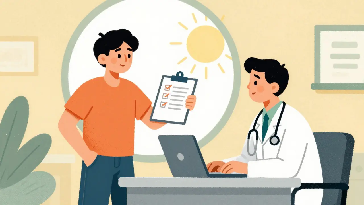 Patient and doctor discussing medication options with a hopeful sunrise in background