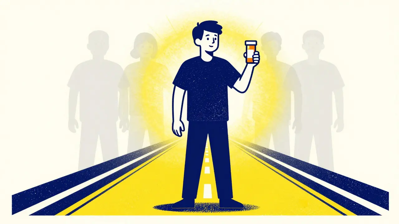 Patient holding medication with a clear path ahead, symbolizing treatment success