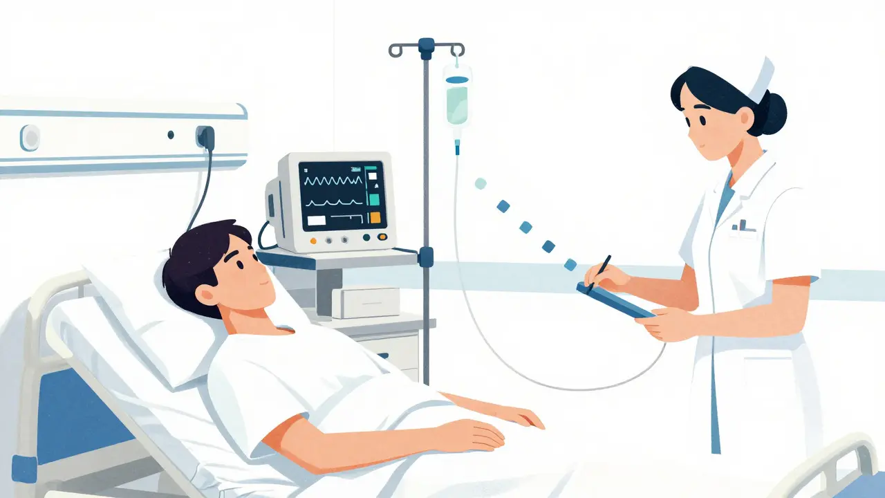 Patient receiving IV infusion with increasing dose sizes monitored by nurse