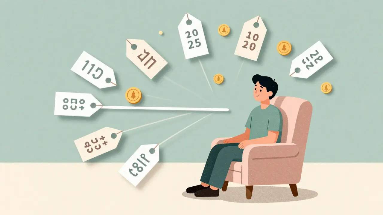 Person relaxing in a chair surrounded by abstract pricing symbols in a calm screenprint illustration