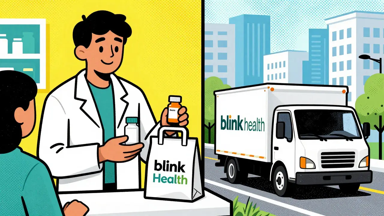 Pharmacist handing medicine and delivery truck