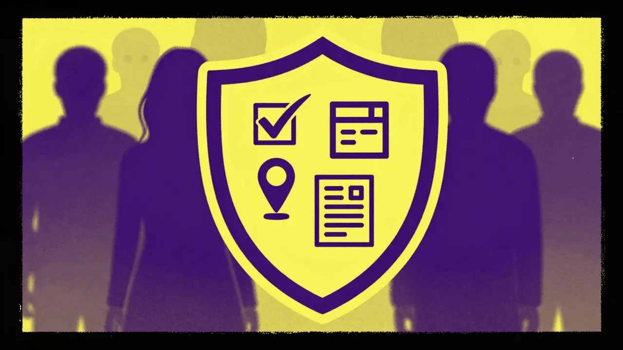 Shield icon with safety checks blocking scams in illustration style