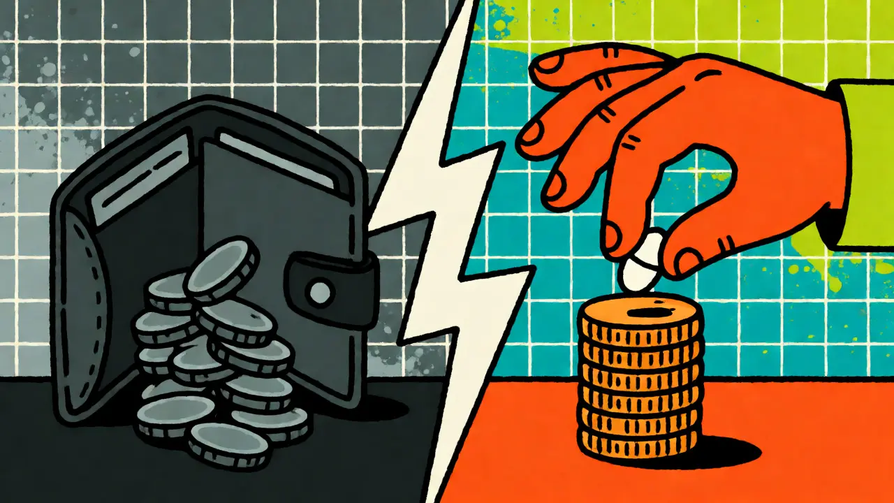 Split-screen cartoon showing wallet spending versus saved money with medication pills