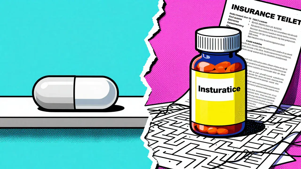 Split view comparing a simple generic pill with complex branded medication options
