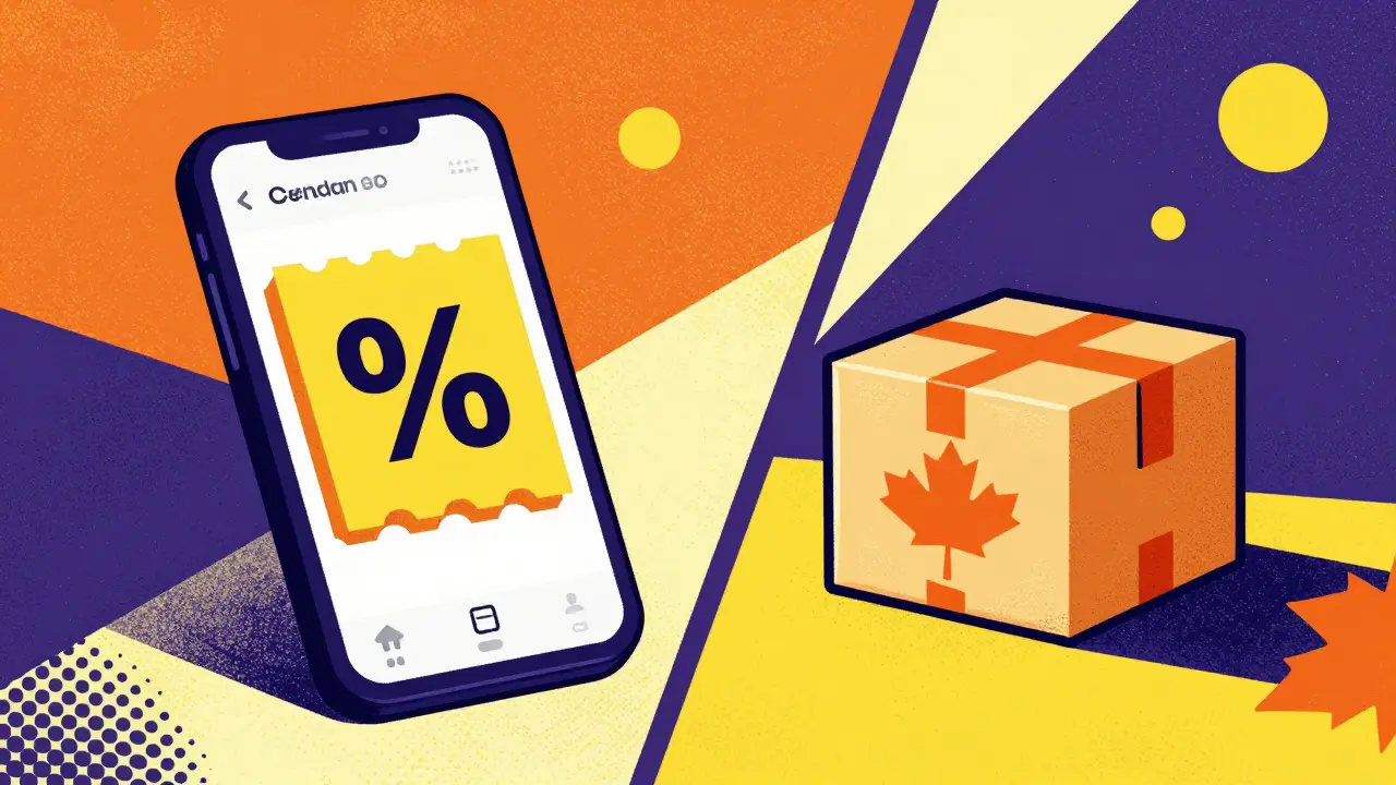 Split view of a discount app and an international medicine package in colorful cartoon style