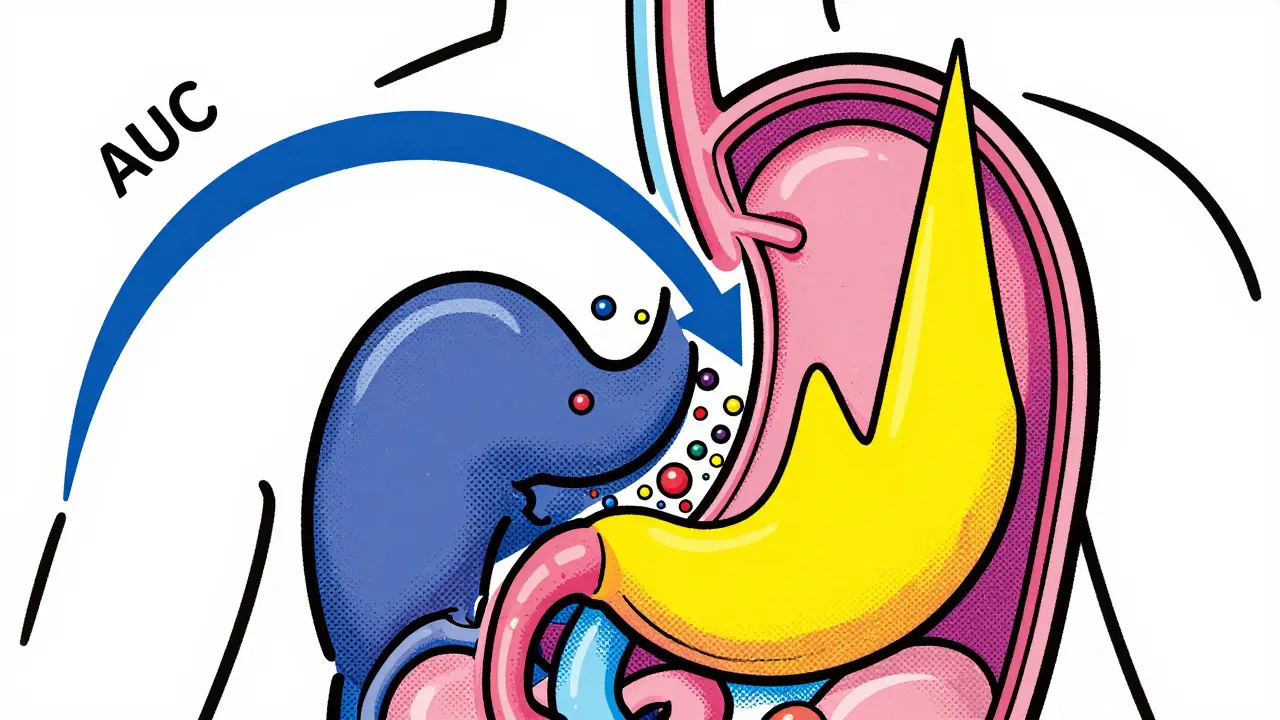 Stylized body diagram showing drug absorption peaks and curves in a cartoon screenprint style
