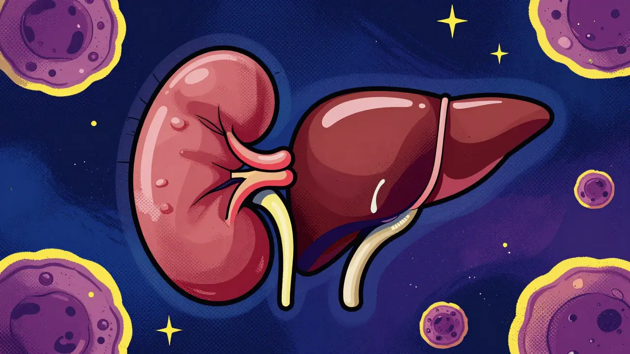 Stylized screenprint art showing kidneys and liver with abstract medical symbols