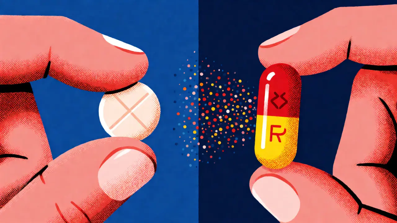 Illustration contrasting a splittable tablet with a crushed extended-release capsule.
