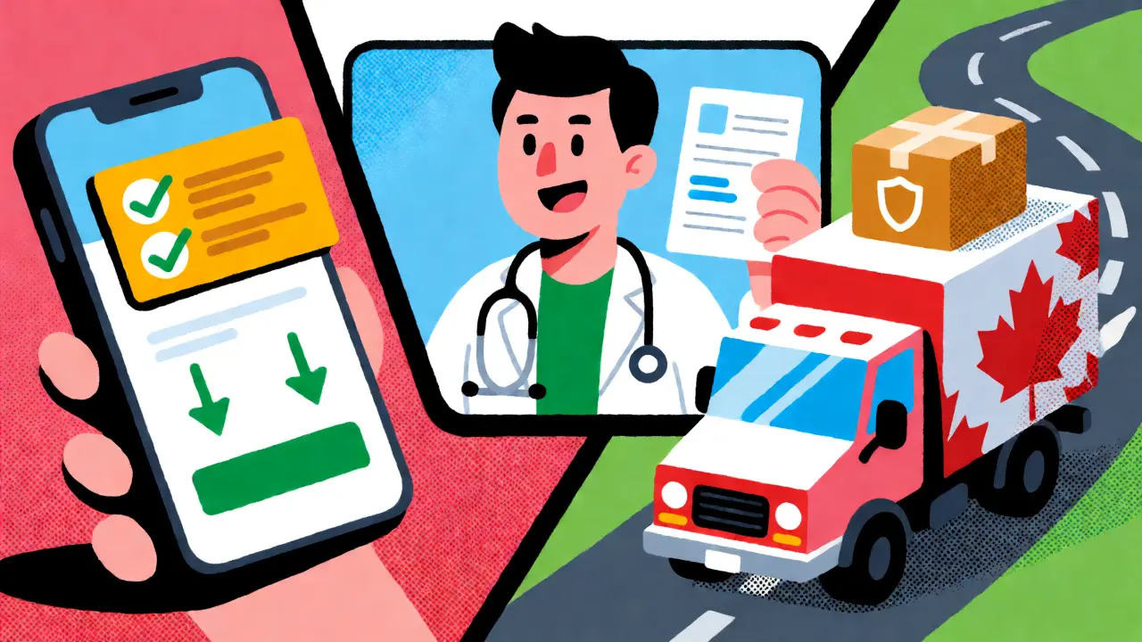 Illustration of telemedicine, coupons, and mail-order delivery methods