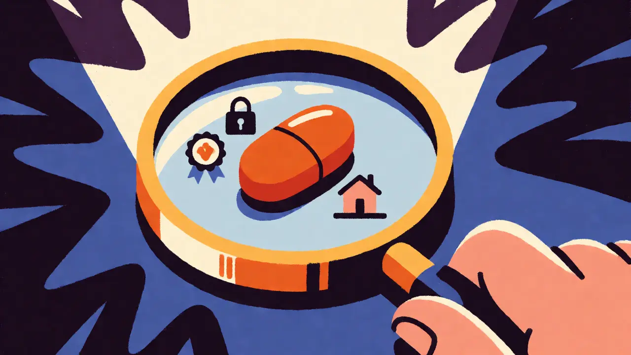 Magnifying glass verifying safety seals on a generic medication pill