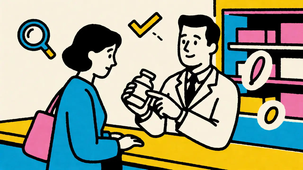 Pharmacist and patient reviewing medication strength and units at the counter.